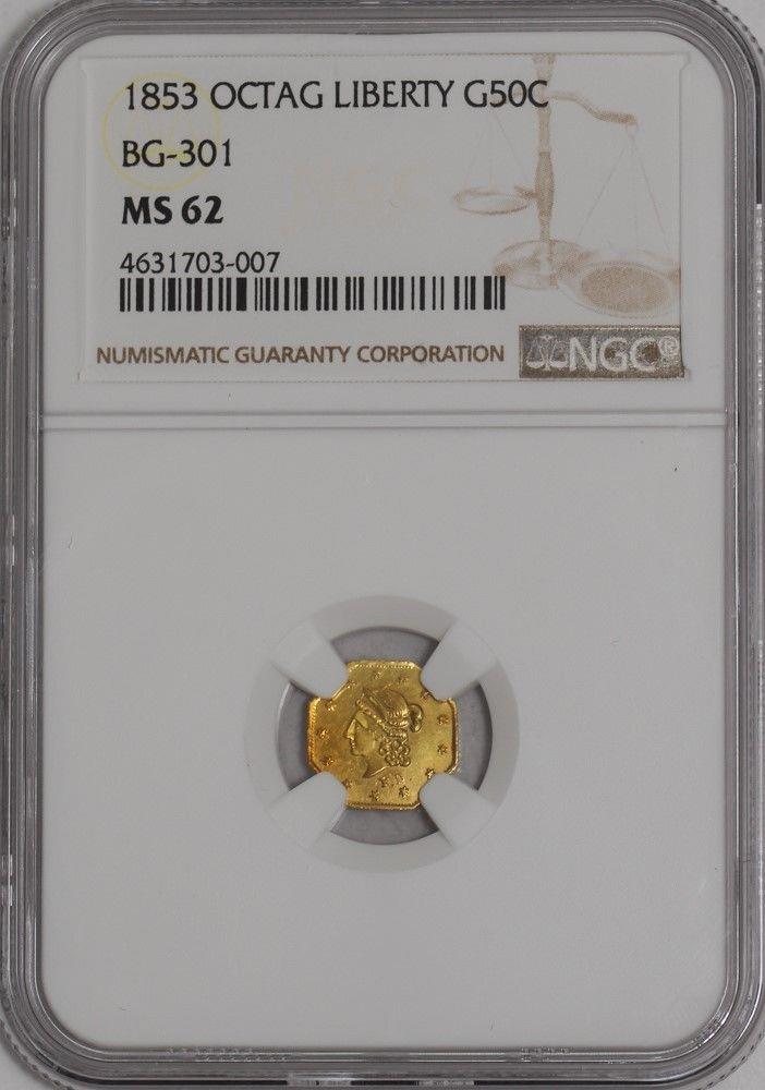 1853 California Fractional Gold Octag 50c BG-301 #938557-9 MS62 NGC