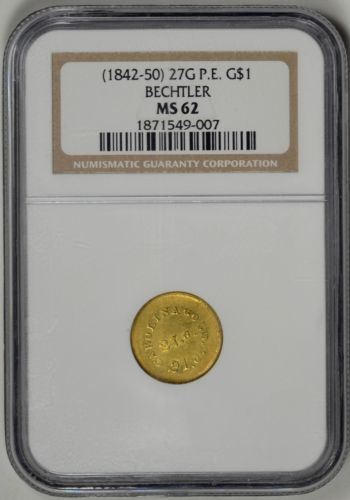 A. Bechtler $1 Gold NGC MS62 * CAROLINA GOLD * 27 Gr, 21C * K-24 * #1871549-007