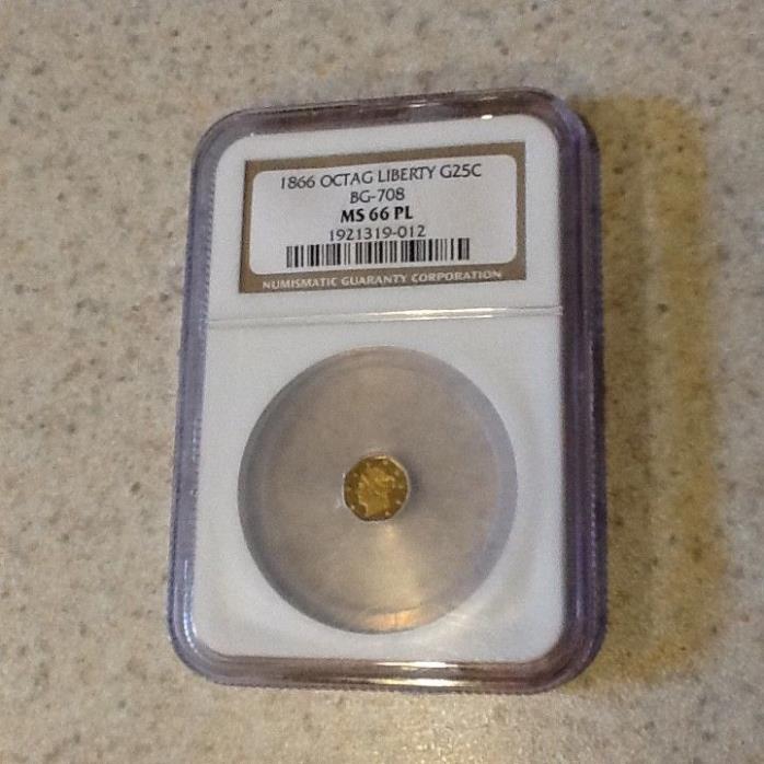 1866 California Fractional Gold Liberty Octagon 25C BG-708 NGC MS-66PL 