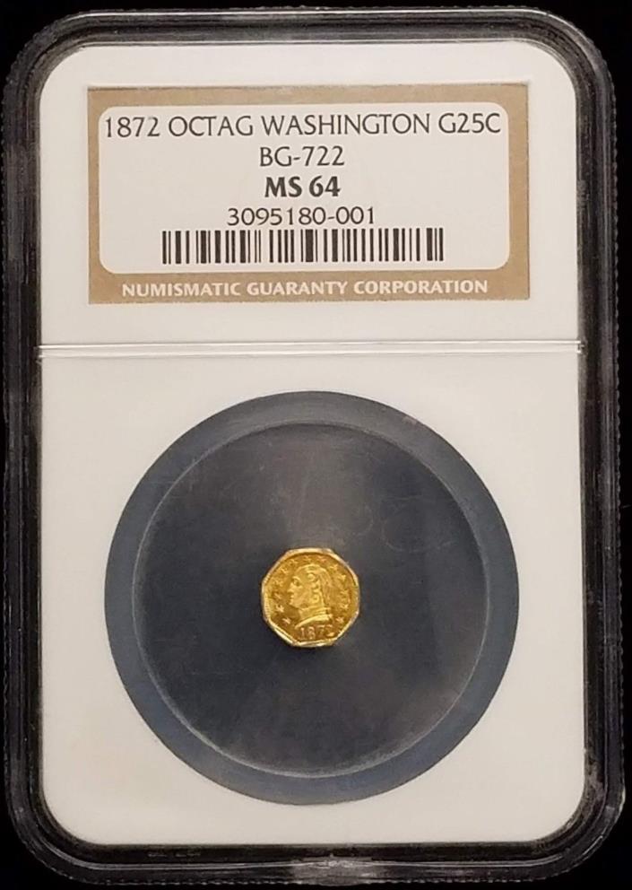 1872 Washington Head Octagonal 25c California Fractional Gold BG-722 NGC MS64