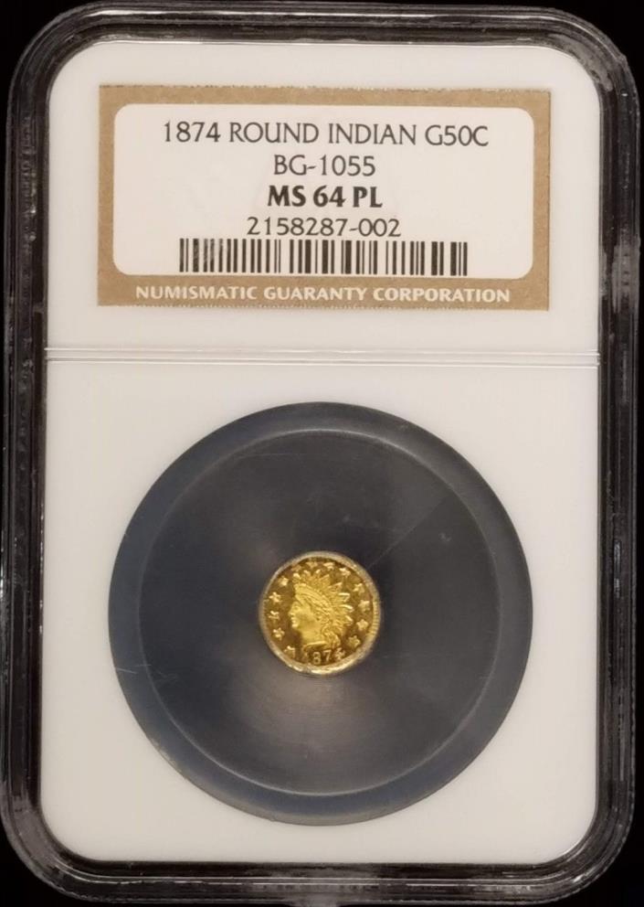 1874 50c Cents California Fractional Gold Round Indian BG-1055 NGC MS 64 PL