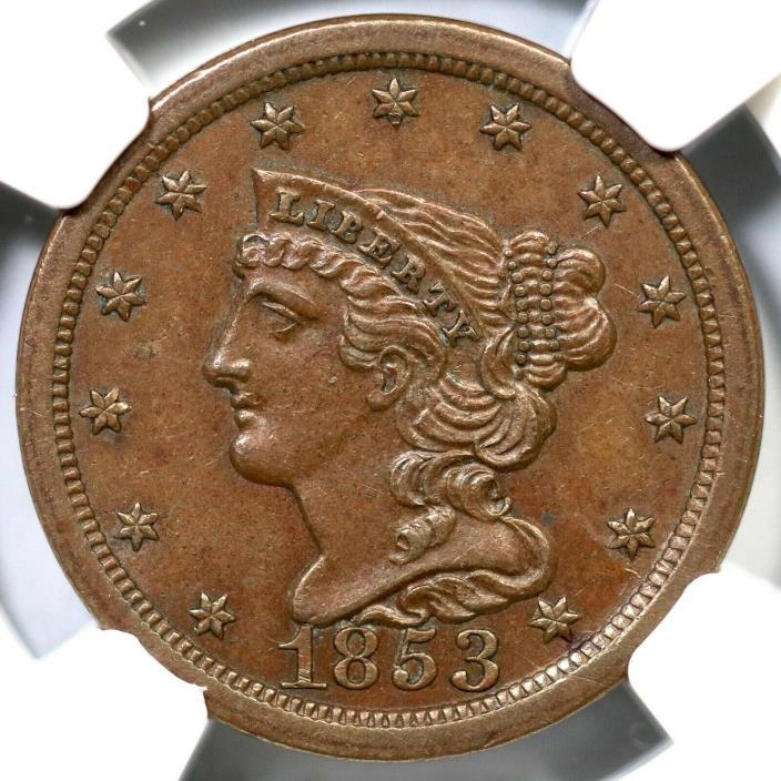 1853 C-1 NGC AU 58 Braided Hair Half Cent Coin 1/2c