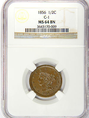 1856 HALF CENT - NICE EVEN GLOSSY BROWN - NGC MS64 - PRICED RIGHT!