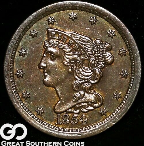 1854 Half Cent, Braided Hair, Sharp Near Gem BU++ Copper ** Free Shipping!
