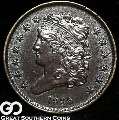 1835 Half Cent, Classic Head, Choice BU+ Early Copper, Nice Strike