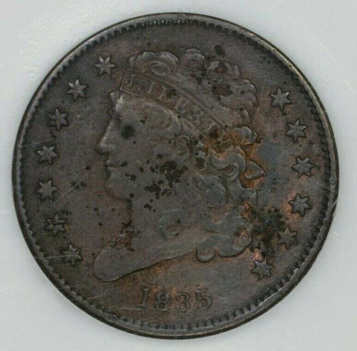 1835 1/2c Classic Head Half Cent VF Details Corroded Encapsulated by PCI Holder