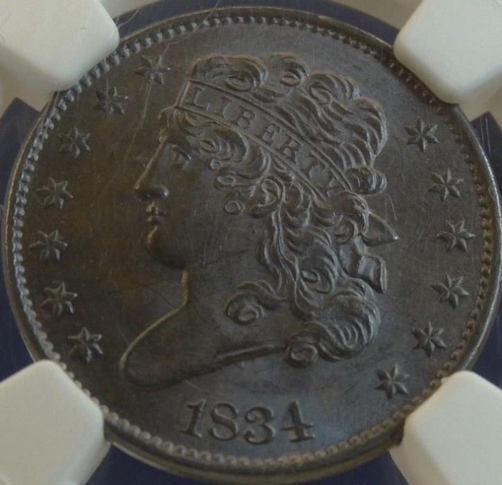 1834 CLASSIC HEAD MS 62 BN NGC UNITED STATES HALF CENT (PURPLE/BLUE) - 1/2C  C-1