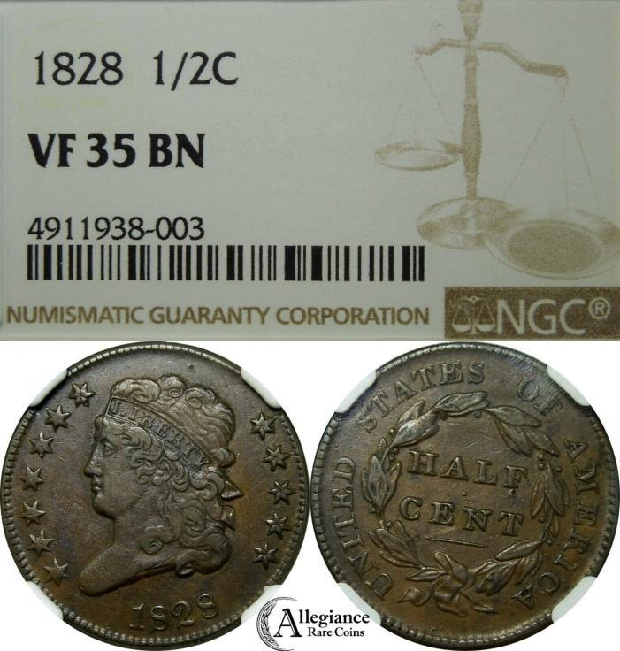 1828 1/2c Classic Head Half Cent NGC VF35 12 STAR Variety rare old type coin
