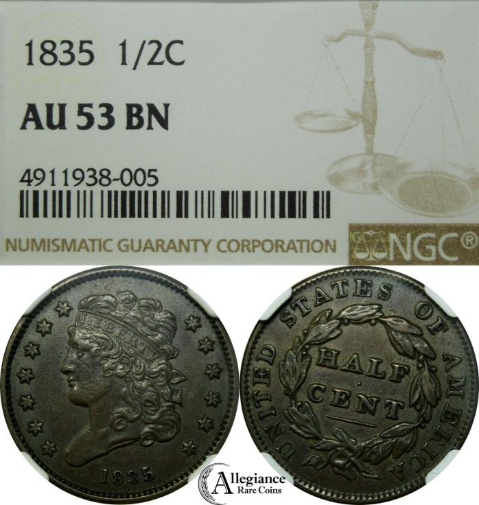 1835 1/2c Classic Head Half Cent NGC AU53 rare old type coin copper money