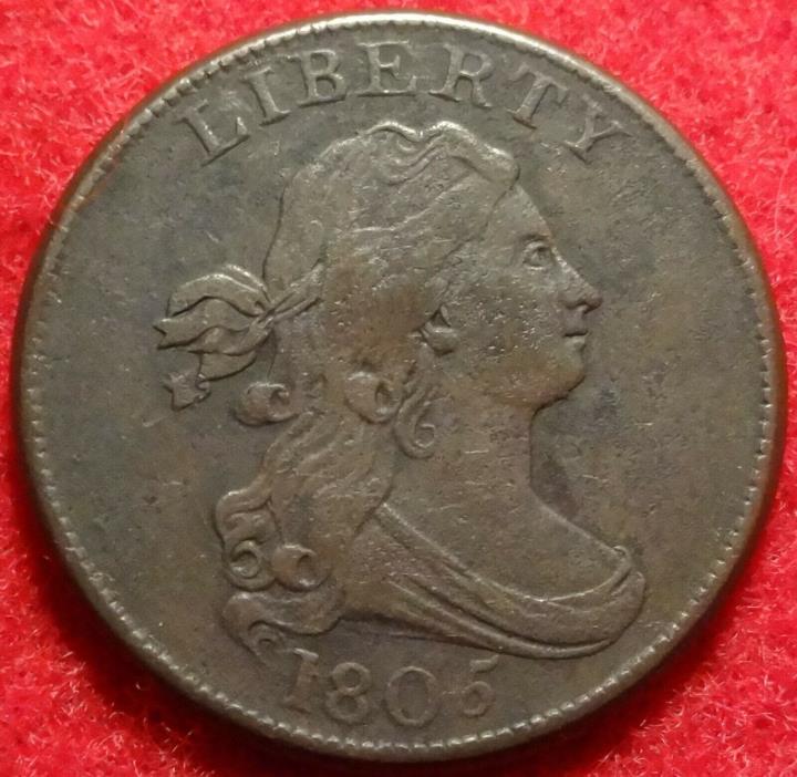 1805 DRAPED BUST HALF CENT CHOICE EXTREMELY FINE 1/2C TYPE COIN