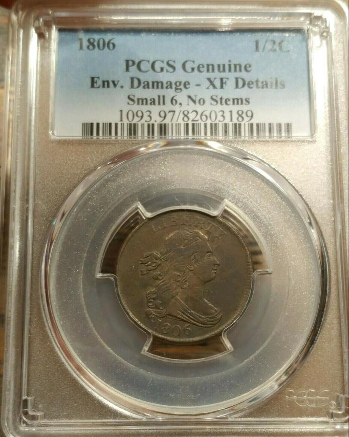 1806 PCGS XF Details Draped Bust Half Cent 1/2C Small 6, No Stems