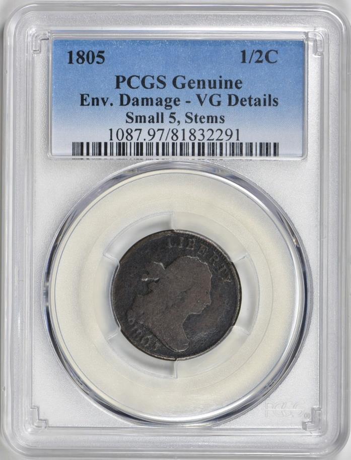 1805 Draped Bust Half Cent Small 5 Stems PCGS VG Details
