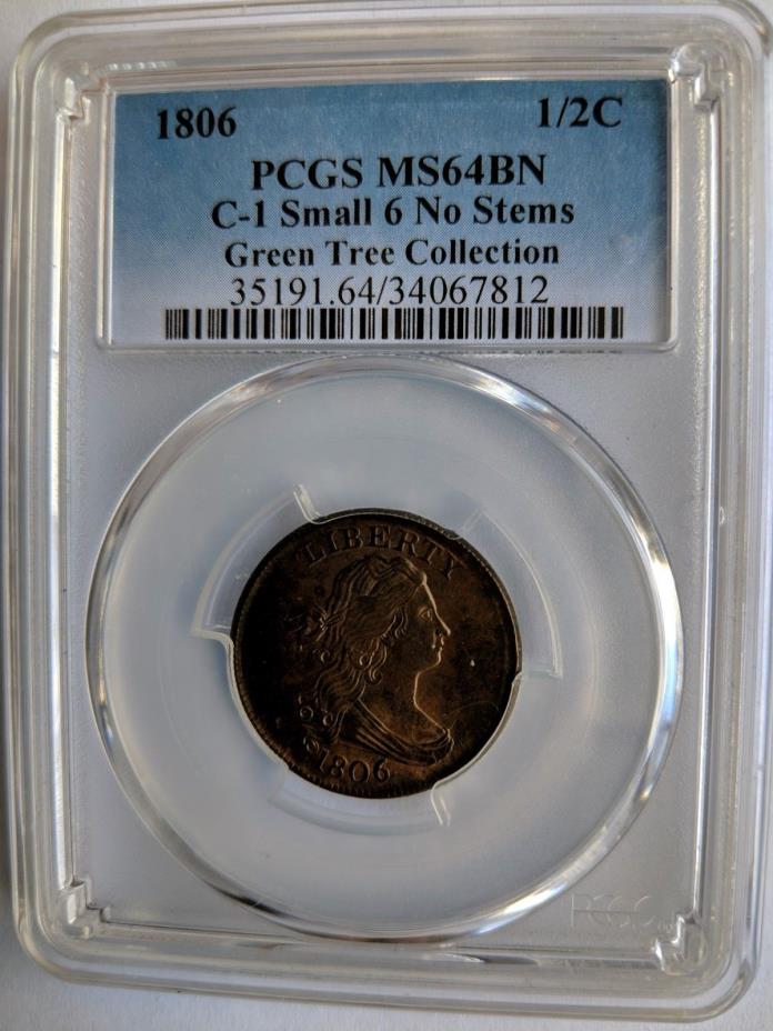 1806 1/2C PCGS MS64BN C-1 Small 6 No Stems. Green Tree Collection. Rare Coin
