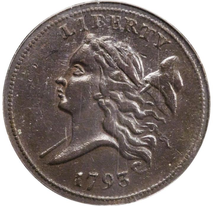 1793 1/2 C C-2, B-2, R.3, AU50 PCGS. Rare Coin. Well-Detailed, Glossy Brown