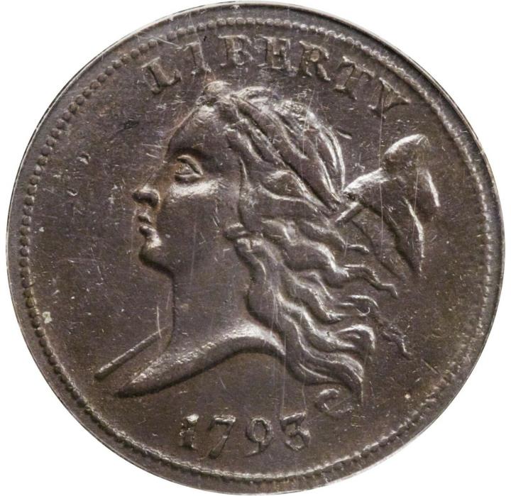 1793 Half Cent. 1/2 C C-2, B-2, R.3, AU50 PCGS. Rare Coin. Well-Detailed