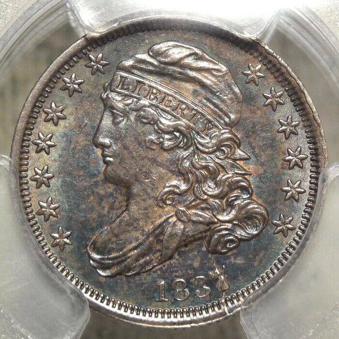 1837 Capped Bust Dime, JR-3, PCGS AU-58, Interesting Color, Die Crack