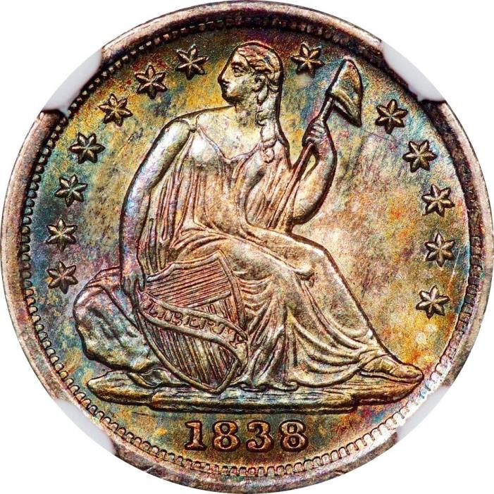 1838 H10c NGC MS66 Seated Half Dime (Colorful pastel patina speaks for itself)