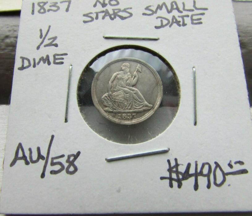 1837 Seated Liberty H10c ~ No Stars Small Date ~ High Almost Uncirculated AU