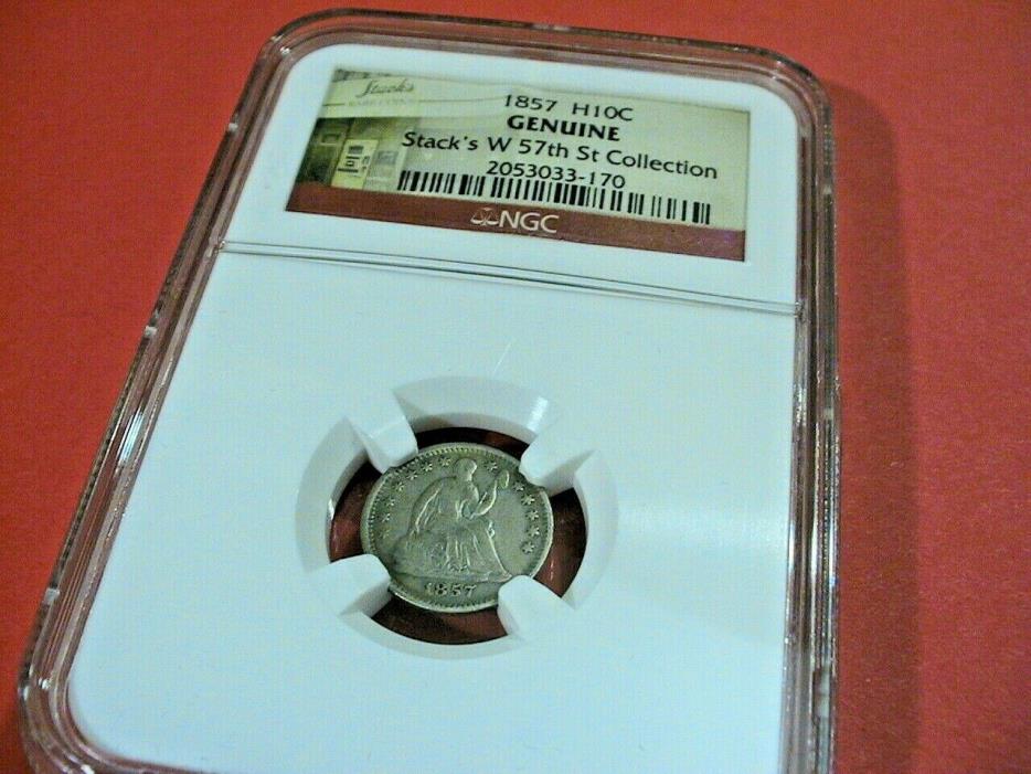 1857 NGC GENUINE H10C Seated Liberty Silver Half Dime ~ STACK'S W 57TH ST LABEL