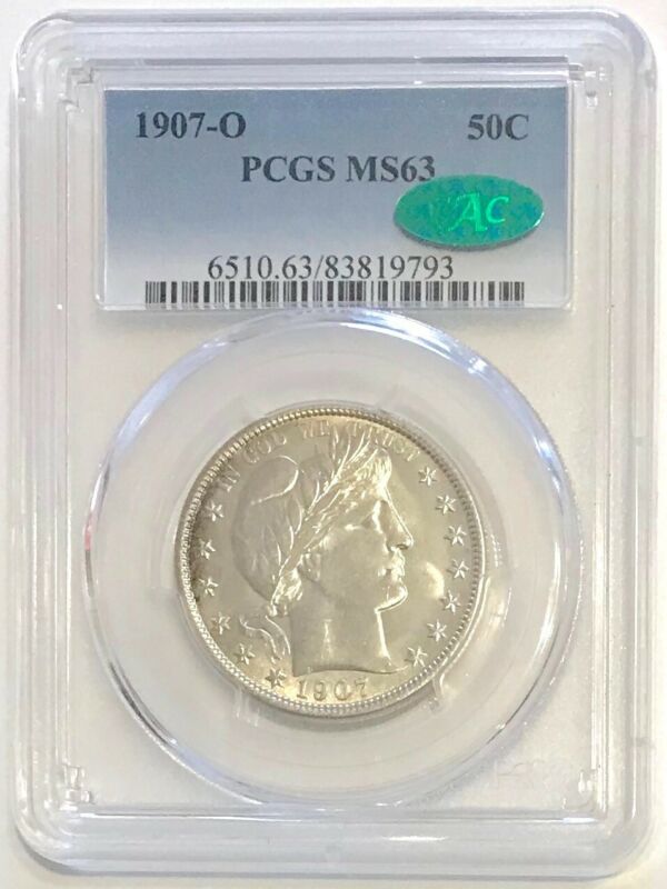 1907-O 50C Barber Half Dollar PCGS Slab MS 63 with CAC Sticker Beautiful Coin!