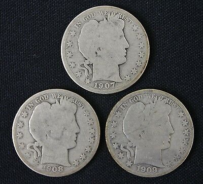 Lot of 3 SILVER U.S. Barber Half Dollars! 50 Cents. 1907-D, 1908-O and 1909-S