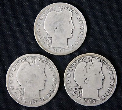 Lot of 3 SILVER U.S. Barber Half Dollars! 50 Cents. 1901, 1907-S and 1912-D