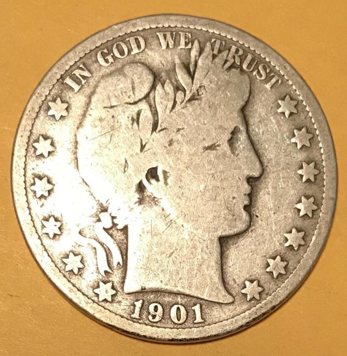 Liberty Head or Barber 90% silver Half Dollar 1901 S----looks VG