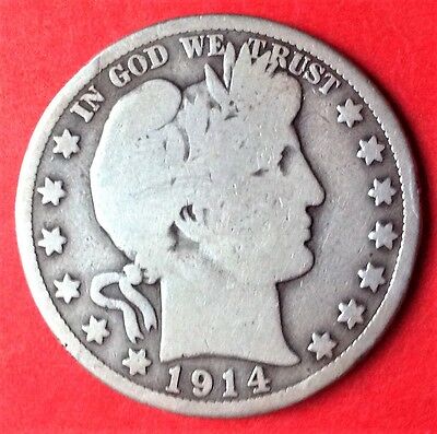 RARE 1914 U.S. 50C Barber Silver Half Dollar Very Good VG Key Date Coin