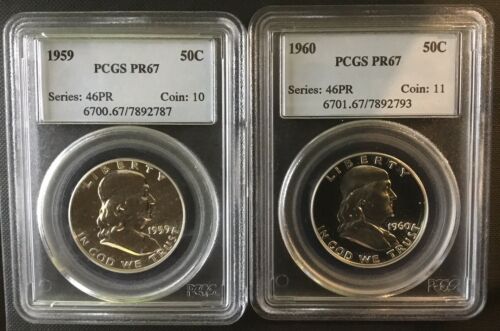 Two PCGS PR67 Franklin Half Dollars / 1959 & 1960 Proofs 90% Silver