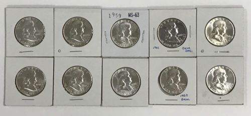 Lot 10 Uncirculated Franklin Halves 1950-P (5) 55-P 58-D59-D 59-P 61-P