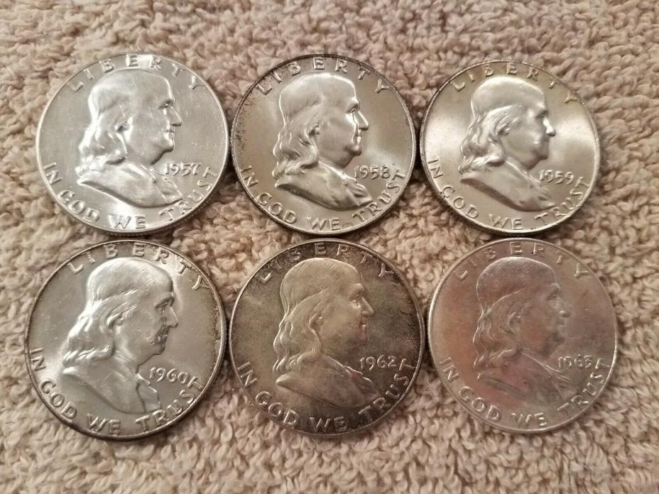 Lot of 6 Franklin Silver Half Dollars Toned, Possible Proof Liquidation Sale