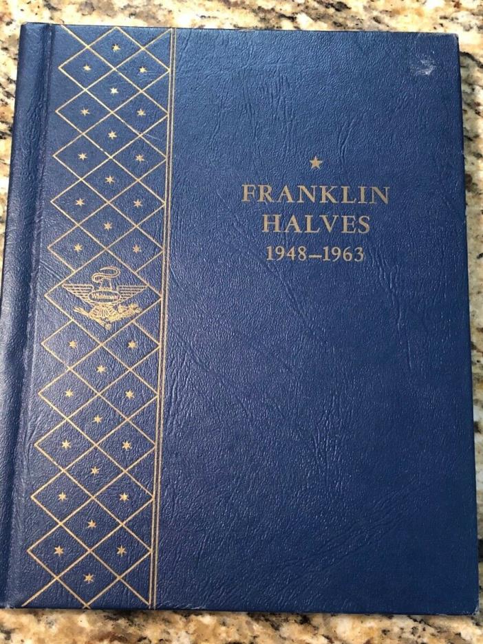 COMPLETE SET of 35 Franklin silver half dollars in bookshelf album. 1948-1963D.