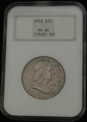 1958 NGC MS64 Beautifully Toned Franklin Half Dollar Silver Coin Bullion