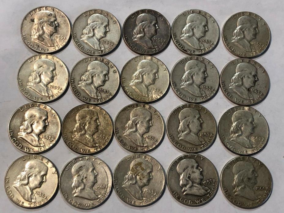 Mixed dates ROLL of 20 Franklin silver half dollars. (lot#3)