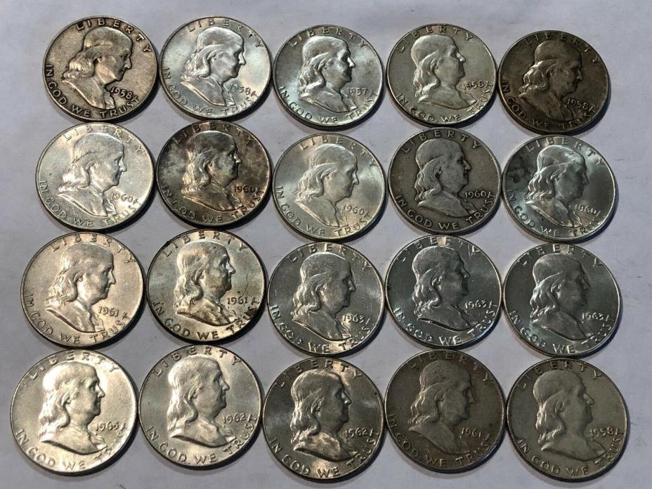 Mixed dates ROLL of 20 Franklin silver half dollars. (lot#1)