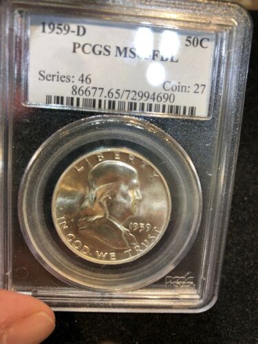 1959-D Franklin silver half dollar coin PCGS MS65FBL White Coin