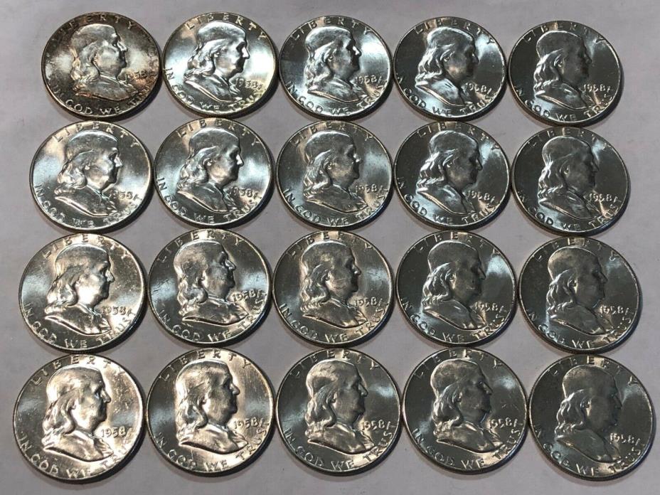 Original ROLL of 20 1958 BU Franklin silver half dollars. Endcoins toned (lot#1)
