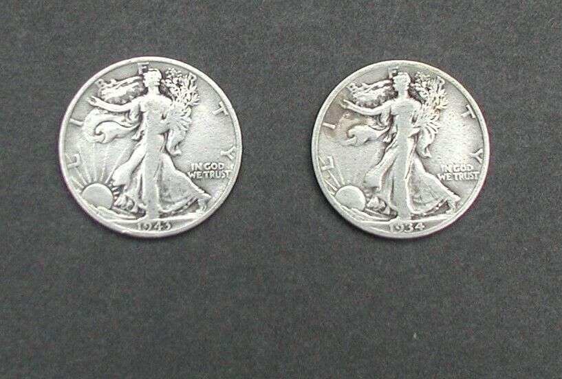 2 LIBERTY HALF DOLLARS: ($.50) Circulated, 90% Silver, 1934, 1943, 