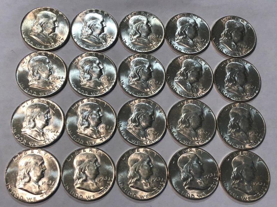 ROLL of 20 1962-D BU Franklin silver half dollars. (lot#1)