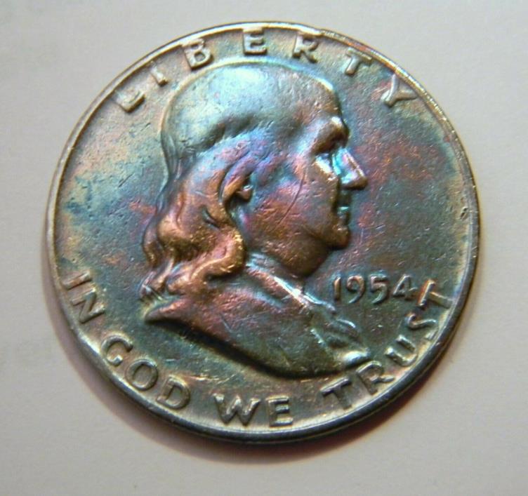 1954-D Franklin Silver Half Dollar 90% Silver Multi Toned