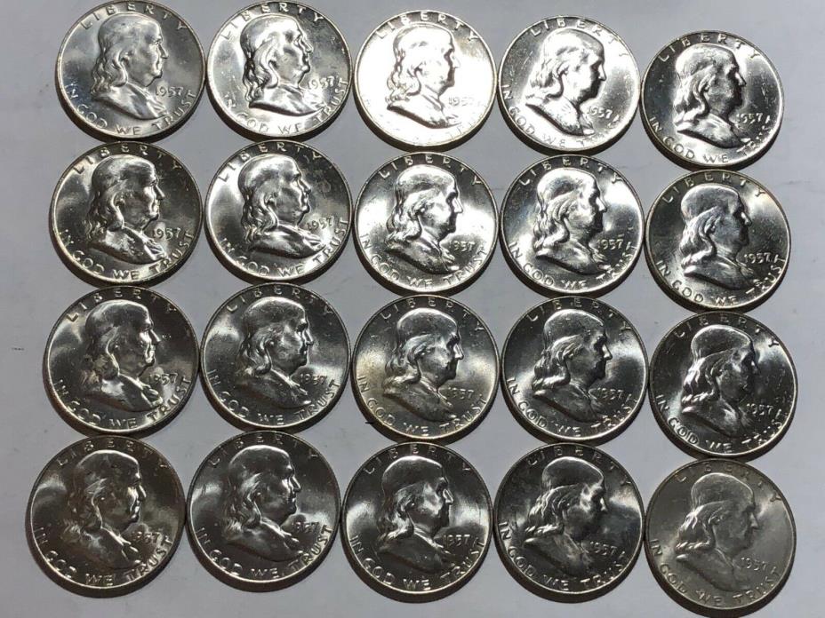 1957-D BU ROLL of 20 Franklin silver half dollar coins.