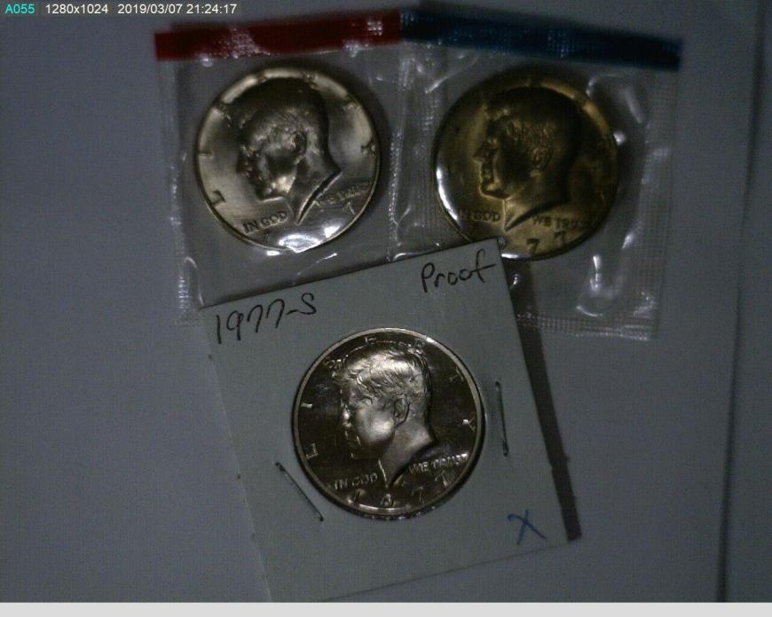 1977 50c P D S Kennedy Half Dollars unc in mint cello and Proof