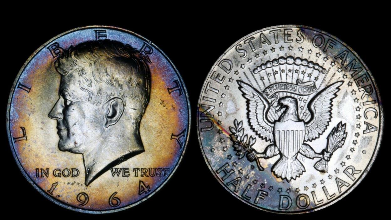 1964-D 50C Kennedy Silver Half Dollar BU UNC Rainbow Colorful Toned USA Type