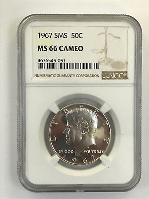 1967 SMS Kennedy Silver Half Dollar Graded MS 66 CAMEO by NGC - Price Guide $70