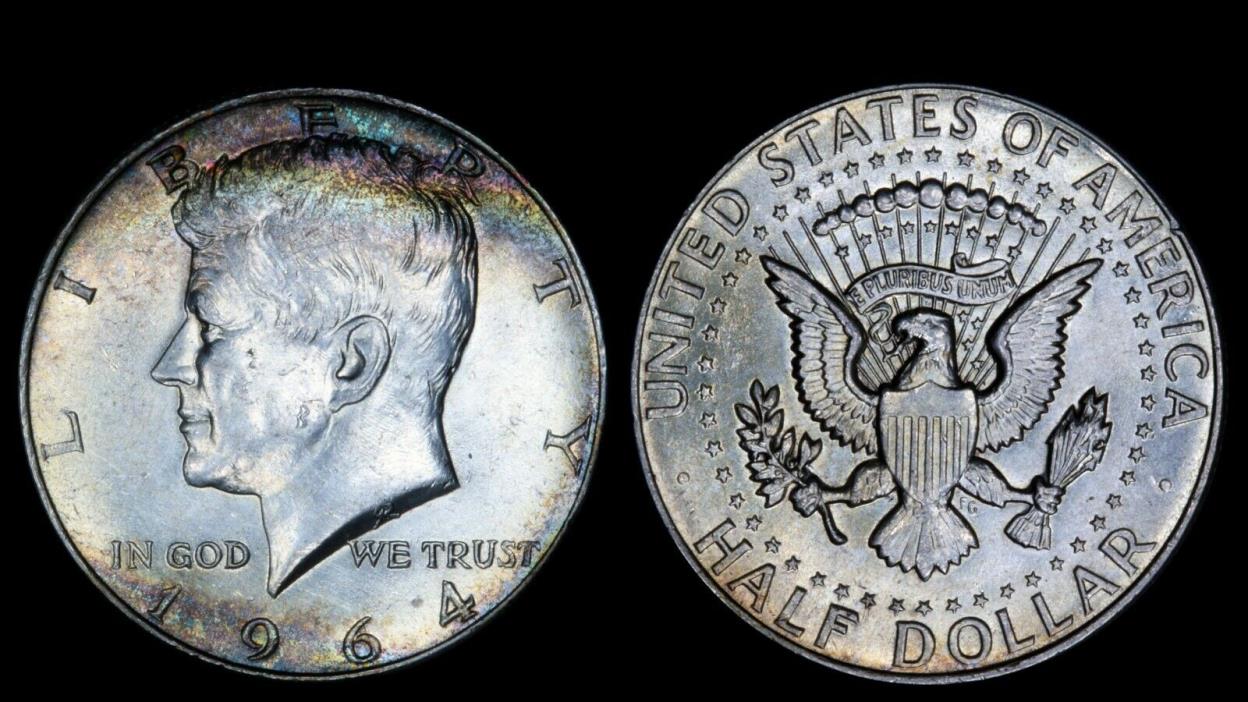 1964 50C Kennedy Silver Half Dollar BU UNC Rainbow Colorful Toned USA Type