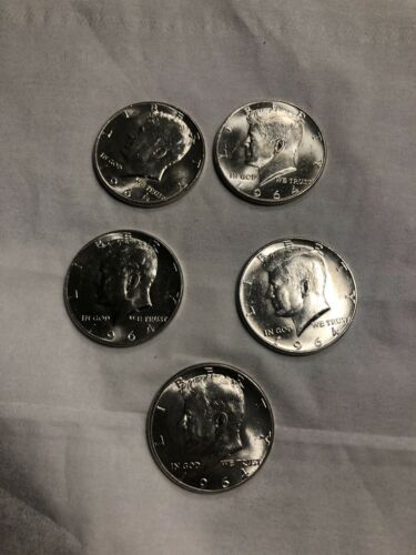 (5) Five 1964 John F. Kennedy 90% Silver Half Dollars - BU Beautiful Clean Coins