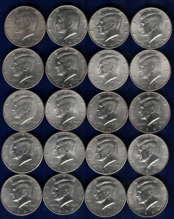 1990's KENNEDY HALF DOLLAR SET 1990-1999 P&D MINTS (20) coins)