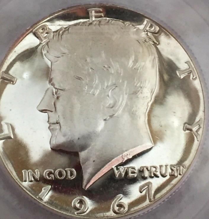 Mint Error 1967 Kennedy Half Dollar PCGS SP66CAM: Obverse StrikeThru On Face