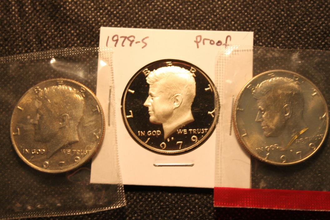 1979 P D S PROOF and MINT KENNEDY HALF DOLLARS 3 COIN LOT
