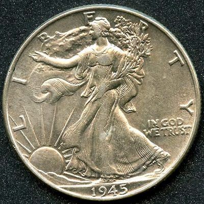 1945 (AU) 50C SILVER WALKING LIBERTY HALF DOLLAR